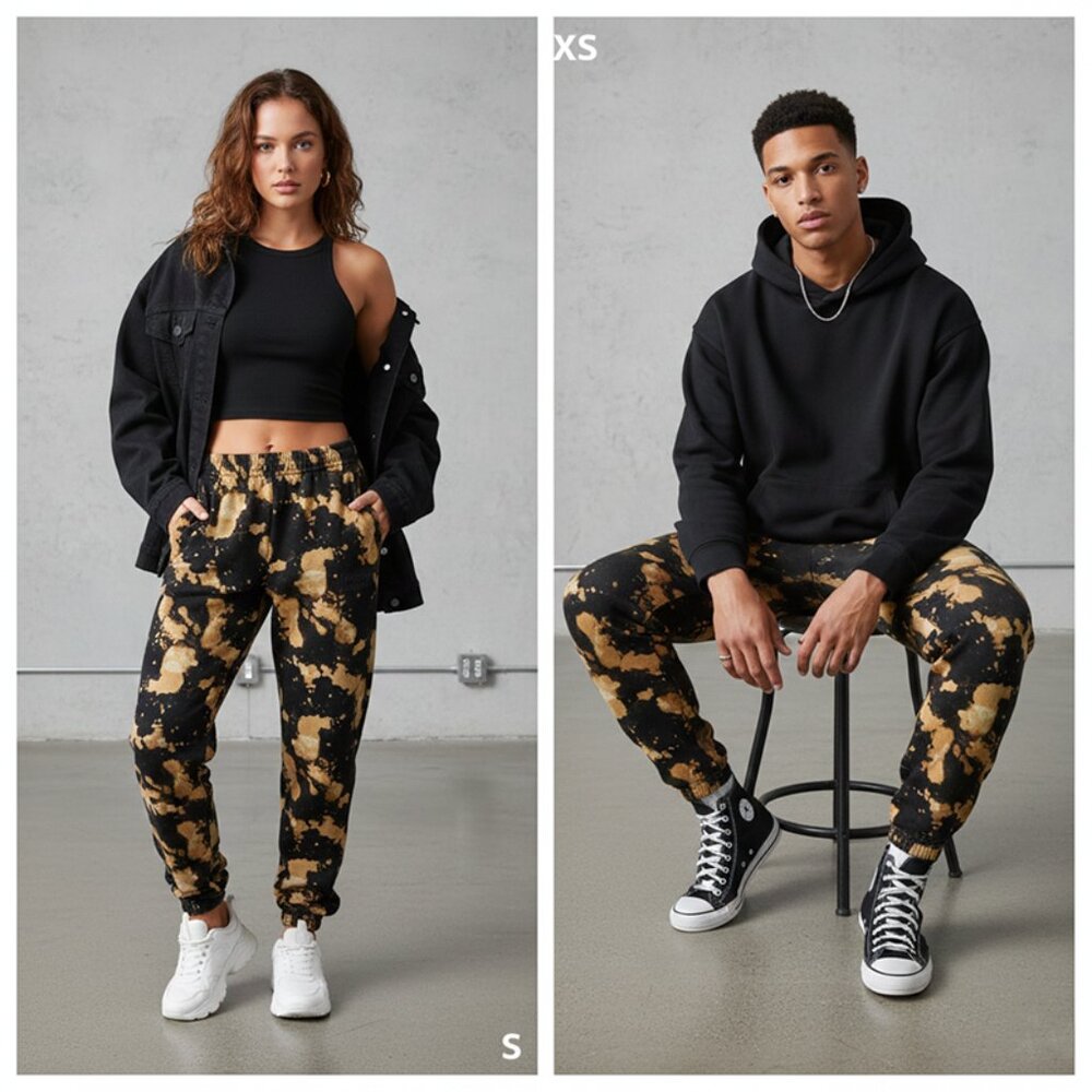 WeSC Tie Dye Bleach Wash Jogger Sweatpants Unisex XS S Soft Trendy Black Gold